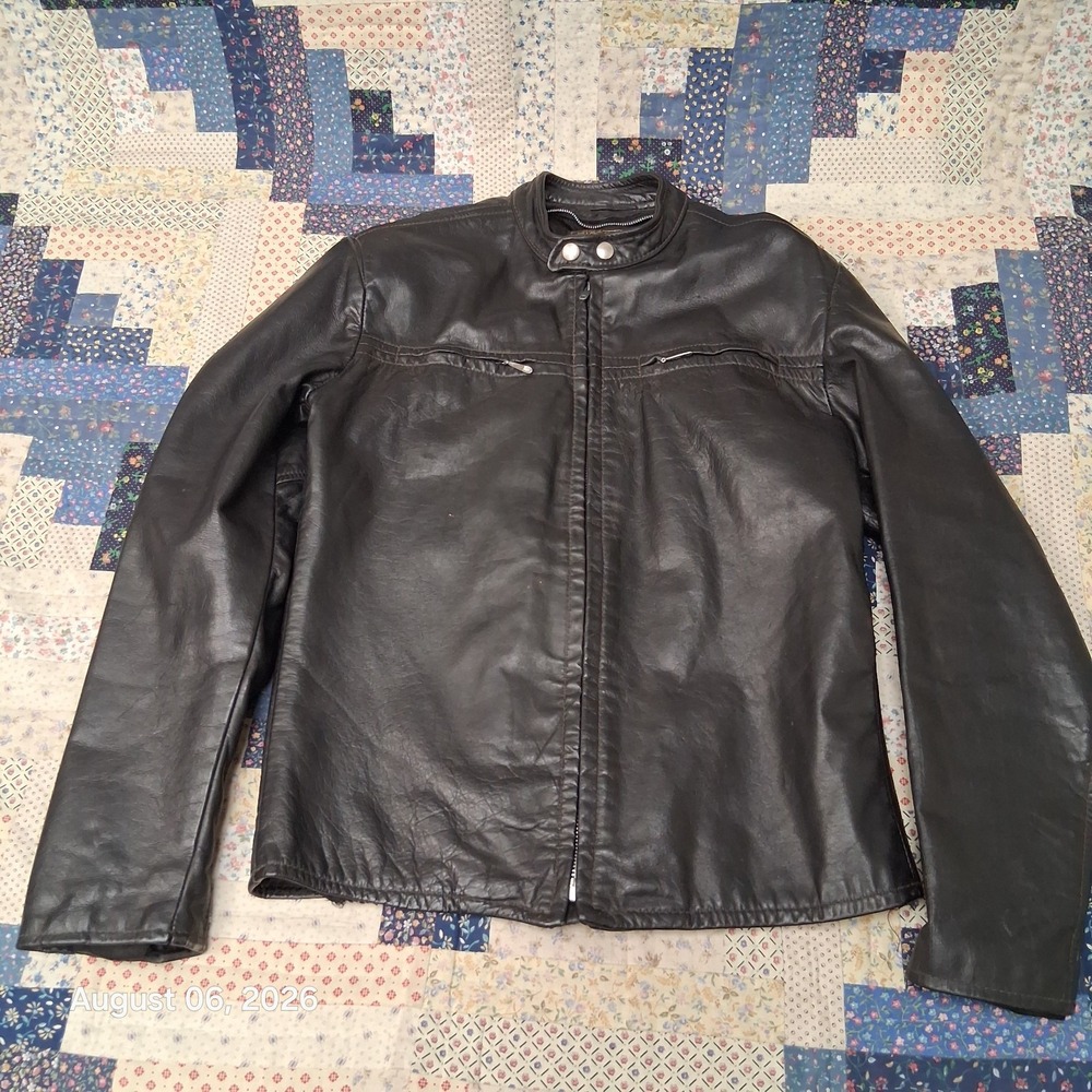 Vintage Golden Threads Brill Bros Mens 36 Black Leather Cafe Racer Biker Jacket